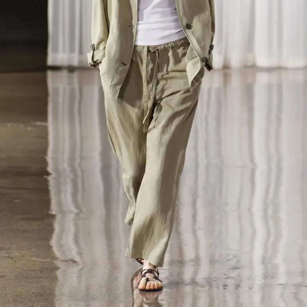 NWT ZARA ZW COLLECTION PAJAMA PANTS LIGHT KHAKI GREEN SMALL